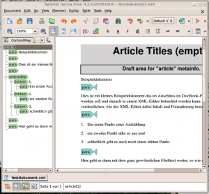 Abbildung 1: Mit einem XML-Editor wie Serna fällt das Editieren der Docbook-XML-Files relativ leicht. Inhalt und Layout bleiben auch dabei getrennt.
