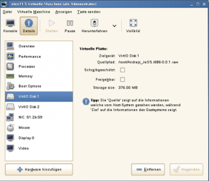 Abbildung 1: Suse integriert den Virt-manager in Yast, hier die Konfigurationsoptionen für eine virtuelle Maschine.