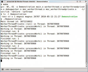 Abbildung 2: Einmal übersetzt ruft die Hauptroutine einen beispielhaften »DebugWorker« immer wieder auf. Er läuft in einem separaten Thread gegenüber »Main«, nimmt aber trotzdem Signale entgegen.
