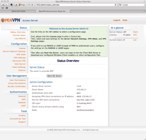 Abbildung 2: Das spärliche Web-GUI von Open VPN Access Server. Anmelden soll sich der Admin hier mit dem Standard-Root-Passwort, eine dringend angebrachte Sicherheitswarnung fehlt.