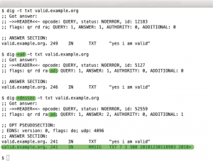 Abbildung 2: Mit dem Flag »+ad« fordert Dig den Nameserver explizit auf, Antworten per DNSSEC zu validieren. Durch »+dnssec« erfährt der Client, ob sein Server das Protokoll überhaupt beherrscht. Dann erhält er signierte Records.