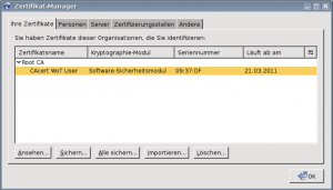 Abbildung 2: Nach Eingabe eines Dateinamens erzeugt ein Klick auf »Sichern« eine PKCS#12-Datei zum Exportieren, die neben dem öffentlichen auch den privaten Schlüssel des Zertifikats enthält. Sie bedarf besonderen Schutzes.