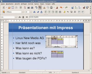 Abbildung 3: Tabellen entstehen in Impress mit Hilfe eingebundener Calc-Spreadsheets. An Funktionsumfang fehlt es nicht, die eingebundenen Objekte erschweren aber das Folienlayout.