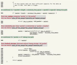 Abbildung 3: Das Webfrontend zeigt die kritischen Stellen von Defekt 2172 detailliert an und erklärt nach Zeile 589 in roter Schrift dessen Grund.