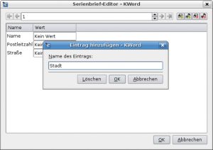 Abbildung 3: Statt in einer externen Datenbank speichert KWord die Adressendaten auch direkt im Formulardokument. Die Eingabemaske hierfür ist jedoch nicht komfortabel.