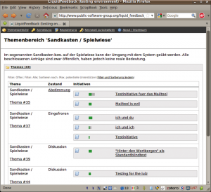 Abbildung 3: In der Übersicht (im Bild das Liquid-Feedback-Testsystem) ist gut zu erkennen, in welchem Stadium sich ein Thema gerade befindet.