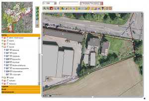 Abbildung 3: Im Web-GUI von Mapbender erscheinen die durch freie Software aufbereiteten Daten. Die Abbildung zeigt die Kombination von ALKIS-Daten mit einem Luftbild und dem Kanalkataster.