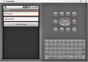 Abbildung 3: Im Android-Emulator erwartet die Activity der Beispielapplikation Namen und Vornamen, um einen neuen Kontakt anzulegen.