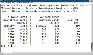 Abbildung 3: Detailmessreihe für das in Abbildung 2 ermittelte Rohbandbreiten-Intervall. Die optimale Rohbandbreite liegt bei 1710 KBit/s, da hier die Latenz bei ausgelastetem Downlink noch unter 100 ms liegt. Damit liefert der Router 1471 KBit/s Nutzdaten. Die Ergebnisse sind genauer als in Abbildung 2, da hier wesentlich länger gemessen wurde.