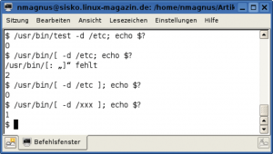 Abbildung 3: Es gibt kleine Unterschiede zwischen »[« und »test«: Trotz gleicher Funktion der beiden Tools unterscheidet sie die schließende Klammer. Der Returncode zeigt an, ob es sich bei dem Pfad um ein Verzeichnis handelt.