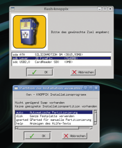 Abbildung 3: Das Tool »flash-knoppix« (oben) und der Harddisk-Installer (unten) übertragen Knoppix 6.3 von DVD auf Platte oder einen USB-Stick.