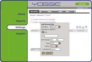 Abbildung 4: Die Firewall-Einstellungen sind im Webinterface des Yoggie-Sticks schnell erledigt. Leider verschweigt es aber die exakten »iptables«-Kommandos.