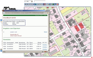 Abbildung 9: Metadaten aus dem Grundbuch im Mapbender. Für die tägliche Arbeit bietet der Web-GIS-Client alle benötigten Funktionen, hier eine (unverbindliche) Auskunft aus dem Grundbuch.