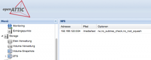 Abbildung 1: NFS-Volumes, FTP-Accounts und Samba-Shares lassen sich direkt aus Open Attic heraus per Mausklick anlegen.