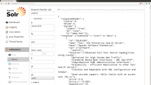 Abbildung 3: Die Webschnittstelle der Lucene-Anwendung Solr ermöglicht Suchanfragen im Browser; hier ist die Ausgabe eines Resultats im Json-Format zu sehen.