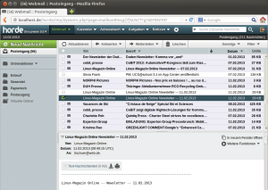 Abbildung 1: Horde Groupware Webmail Edition: Links wartet eine Liste mit Ordnern, rechts oben erscheint die Liste mit den E-Mails, während der Bereich rechts unten den Nachrichteninhalt präsentiert.