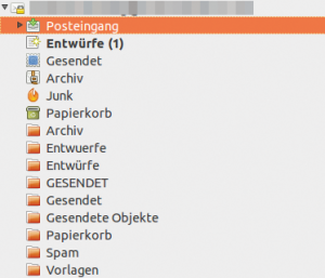 Abbildung 1: Typisches Bild für IMAP-Nutzer – hier in Thunderbird: Doppelt und dreifach angelegte Ordner, mitunter noch in verschiedenen Sprachen.