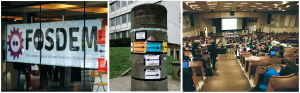 Abbildung 2: Im Südosten von Brüssel liegt die Université Libre de Bruxelles, wo sich seit 2001 Europas Open-Source-Szene zur Fosdem trifft. Von oben nach unten: Das Plakat am Eingang, bunte Schilder an Säulen leiten den Weg zwischen den Gebäuden, zum Beispiel zum größten Hörsaal namens Janson.