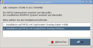 Abbildung 7: Der neue Flash-Installer erlaubt es, einen großen USB-Stick so umzupartitionieren, dass er neben der FAT32- eine Linux-Partition anlegt.