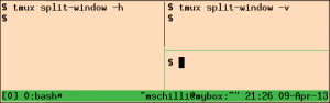 Abbildung 1: Zwei &raquo;tmux&laquo;-Kommandos teilen das Window erst in zwei horizontale Panes und die rechte Pane anschließend in zwei vertikale.