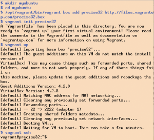 Abbildung 4: In wenigen Schritten ist eine virtuelle Maschine unter Ubuntu Precise (32 Bit) mit Vagrant und Virtualbox installiert.