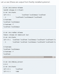 Fedora, RHEL und Centos verwenden localhost.localdomain. Ubuntu und Debian nicht (mehr).
