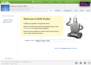 Abbildung 4: Suse Studio führt den Benutzer mit Tabs und dem freundlichen Roboter durch die Installation. Wahlweise per Wizard oder über die zahlreichen Tabs hangelt sich der Anweder zum kompletten Betriebssystem.
