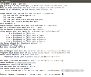 Abbildung 1: Ein Schlüssel für das Backup lässt sich mit &raquo;gpg --gen-key&laquo; recht schnell und einfach erzeugen.