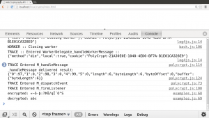 Abbildung 1: Die Konsole im Browser Chrome wertet mit Polycrypt den Aufruf &raquo;encrypt("abc")&laquo; aus.