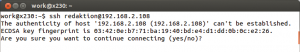 Abbildung 1: Beim ersten Anmelden auf einem fremden SSH-Host muss der Nutzer dessen Fingerabdruck bestätigen, was bei automatischen Installationen einen Nachteil darstellt.