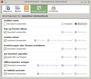 Abbildung 4: Über diesen Dialog erlaubt Firefox die Einrichtung für einzelne Webseiten. Eine Reglementierung des Webstorage fehlt jedoch in der Liste.