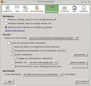 Abbildung 5: Der Reiter &raquo;Datenschutz&laquo; versammelt die Einstellungen zur Verfolgung, zu Chronik und Adressleiste.