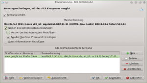 Abbildung 6: Konqueror bietet an, die Browserkennung zu ändern. Über diesen Dialog aktivieren Anwender das Feature auch gezielt für einzelne Webseiten oder ganze Domains.