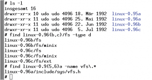 Abbildung 1: Der Linux-Kernel 0.96a brachte VFS gewissermaßen als Sprungbrett für das Ext-Dateisystem in 0.96c.