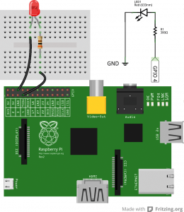 Abbildung 1: Mit Breadboard, Kabeln und Widerstand: Schaltung zum Ansteuern einer LED über die GPIOs eines Raspberry Pi.