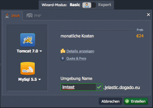 Abbildung 2: Über einen Wizard begleitet Jelastic das Aufsetzen der ersten Umgebung im Jelastic-Dashboard, die auch eine Datenbank enthalten soll.