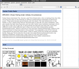Abbildung 2: Während Planet Planet die Bilder des Webcomics Xkcd einbindet, entfernt er aus dem Hacker Public Radio die Audiodateien. Auch andere verlinkte Elemente erscheinen nicht als Links, sondern als Text.