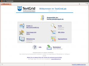 Abbildung 4: Über den Startbildschirm erreichen Benutzer alle Module des Textgrid Lab, darunter auch den integrierten XML-Editor und den Marketplace zum Installieren von Erweiterungen.