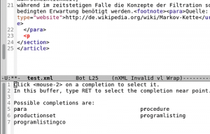 Abbildung 1: Der NXML-Modus von GNU Emacs macht Vorschläge, welche Docbook-Elemente in diesem Kontext passen.