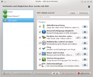 Abbildung 1: Drei Androiden sind im WLAN vorhanden und haben dank der KDE-Connect-App Kontakt mit dem Desktop aufgenommen. Zwei sind aktiv.