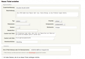 Abbildung 2: Erstellt der Admin in Trac ein Ticket, kann er Texte, Wiki-Inhalte und Attachments anhängen.