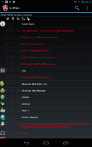Abbildung 2: Die Firewall-App AFWall+ konfiguriert, wer wann über welche Medien Verbindungen aufbauen darf.
