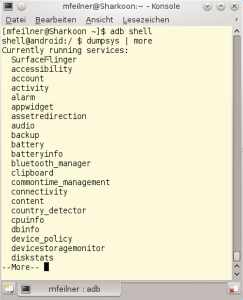 Abbildung 4: »dumpsys | more« listet zunächst die Prozessliste des laufenden Systems auf.