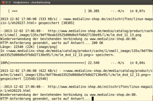 Abbildung 7: Wget rennt extrem schnell durch die Website und protokolliert außerdem den Download-Fortschritt einer jeden Seite im Terminal.
