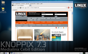 Abbildung 1: Exklusiv beim Linux-Magazin: Die Knoppix 7.3 Medialinx Cebit Edition bringt LXDE als Desktopmanager, optional aber auch KDE und Gnome.