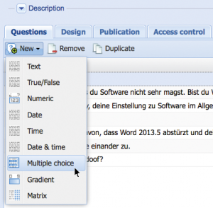 Abbildung 4: Per Klick auf »New« zeigt Opina alle neun Fragetypen samt winzigen Thumbnails an.