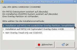 Abbildung 5: Der Flash-Installer erlaubt es, einen großen USB-Stick so umzupartitionieren, dass er neben der FAT32- eine Linux-Partition anlegt.