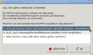 Abbildung 6: Beim Update kann der Anwender nur die persönlichen Daten und Einstellungen in &raquo;/home/knoppix&laquo; behalten oder alles nachträglich Installierte.