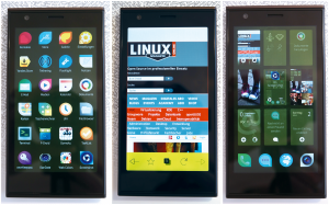 Abbildung 1: Von links nach rechts: Benutzeroberfläche, Browser und Task-Switcher auf dem Jolla.