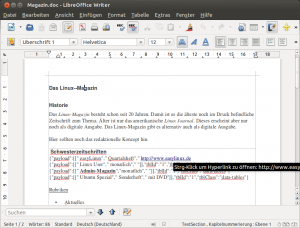Abbildung 2: Export, aber mit Einschränkungen. Mit Tabellen und auch mit Aufzählungen hat der Open-Document-Export aus Etherpad Lite seine Probleme.